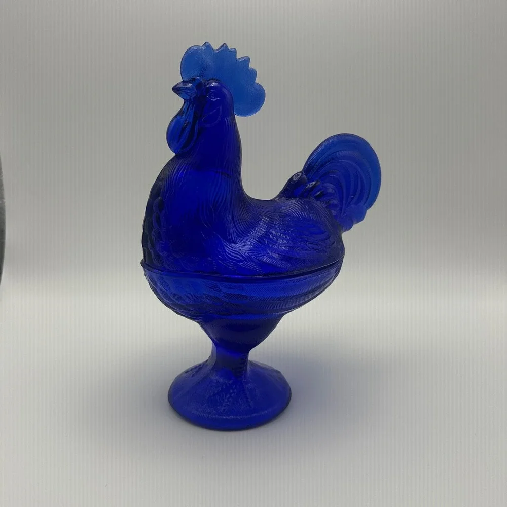 Vintage Cobalt Blue Glass Rooster Candy Dish Lidded Pedestal Compote 8.5 Inch